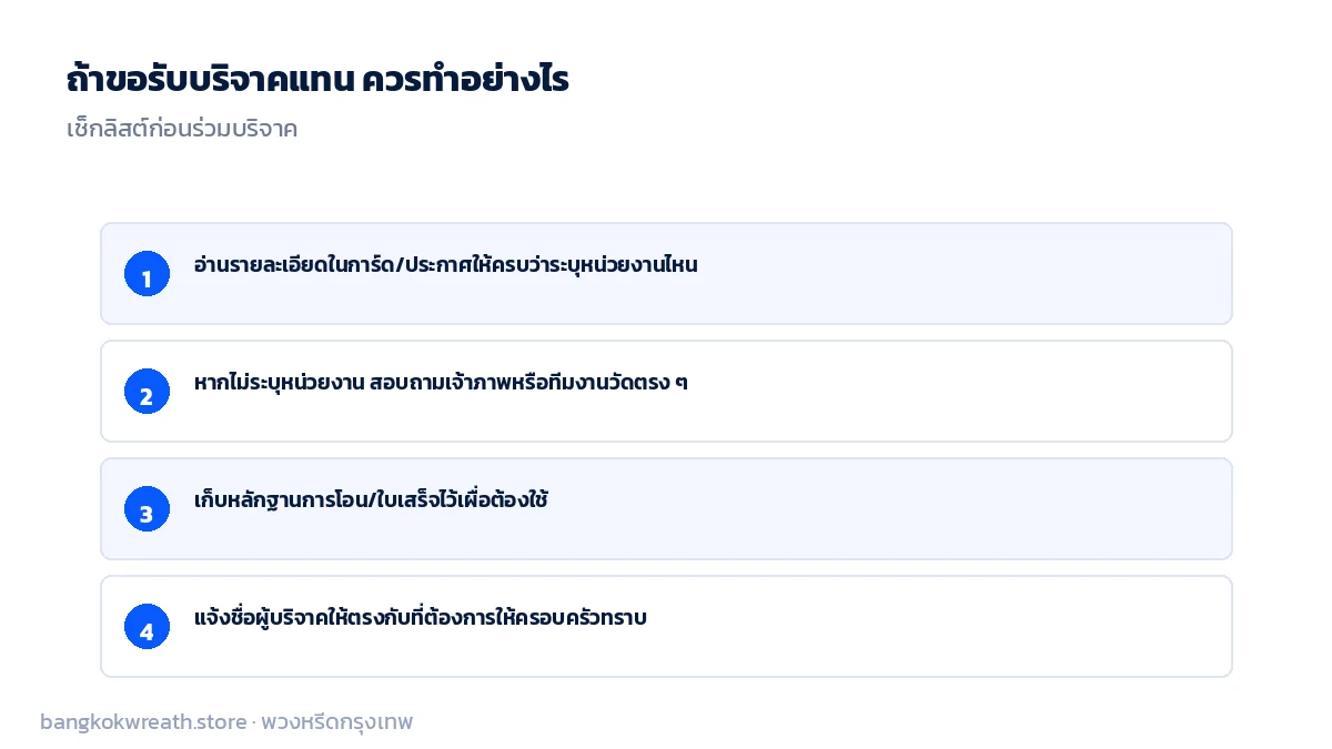 4 ข้อควรทำก่อนร่วมบริจาคแทนพวงหรีด อ่านรายละเอียดการ์ด สอบถามเจ้าภาพ เก็บหลักฐาน และแจ้งชื่อผู้บริจาค