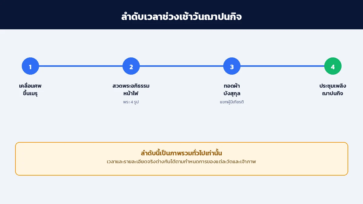 ลำดับเวลาช่วงเช้าวันฌาปนกิจ เคลื่อนศพขึ้นเมรุ สวดพระอภิธรรมหน้าไฟโดยพระ 4 รูป ทอดผ้าบังสุกุลโดยแขกผู้มีเกียรติ แล้วจึงประชุมเพลิง